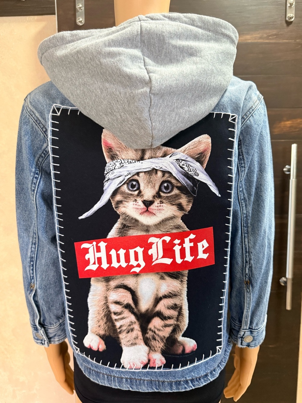 Upcycled Hug Life Hooded Denim Jacket Size 8-9 Juniors